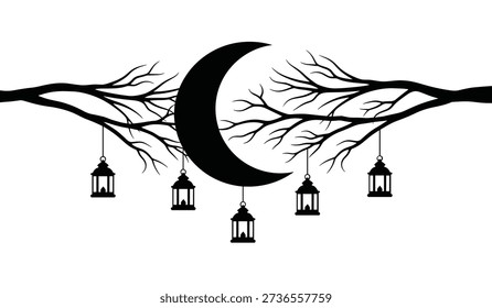 Black Silhouette Moonlit Tree With Hanging Lanterns Against White Background
