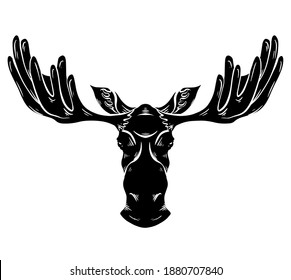 Black silhouette of a moose head with antlers front view with hatching. Wild mammal. Vector outline silhouette for logos, icons, postcards and your designs.