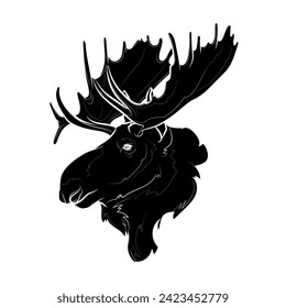 Black silhouette of the moose 
(head) on white background. Graphic drawing. Vector illustration.