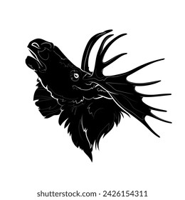 Black silhouette of the moose (head) on white background. Graphic drawing. Vector illustration.