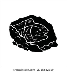 Silueta negra de morena con dientes afilados que se asoman desde la cueva submarina rocosa, ilustración en blanco, símbolo de peligro oculto y misterio marino