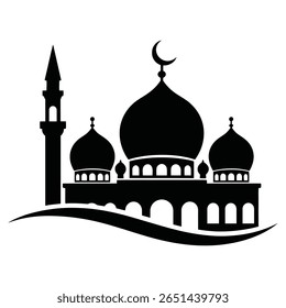 Silhueta preta de uma mesquita contra um fundo branco com um minarete cúpulas e lua crescente. Estilo gráfico simples.