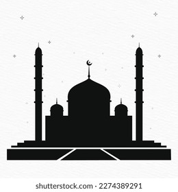 Black silhouette of a mosque with a crescent moon and stars.