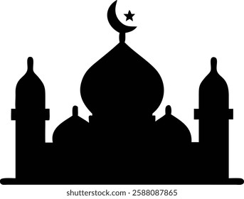 Black silhouette of mosque with crescent moon, symbolizing Ramadan spirituality and devotion.