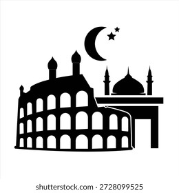 Silueta negra de la mezquita con el icono de la luna creciente en el símbolo islámico del fondo blanco con el ramadán y el musulmán y la religión y la fe y el eid