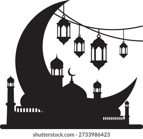 Black silhouette of a mosque with crescent moon and lanterns isolated on white  background