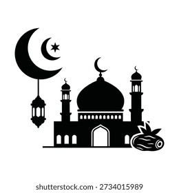 Black silhouette of a mosque with crescent moon lantern and date fruit islam star