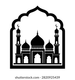 Black silhouette of a mosque with domes and minarets, Islamic architecture symbol