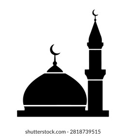 A black silhouette of a mosque featuring a dome, minaret, and crescent moon symbol, representing Islamic architecture and religious significance.
