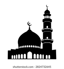 Black silhouette of a mosque featuring a large dome and a tall minaret, set against a plain white background, highlighting Islamic architecture.