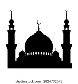 Black silhouette of a mosque featuring a large central dome and two minarets against a plain background, emphasizing Islamic architecture.