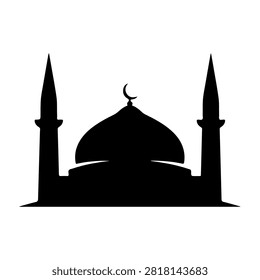 A black silhouette of a mosque featuring minarets and a crescent moon, symbolizing Islamic architecture and religious significance.