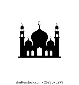 Una silueta negra de una mezquita, con múltiples cúpulas y altos minaretes, sobre un fondo blanco.