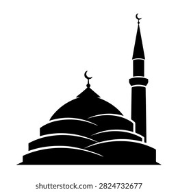 Black silhouette of a mosque featuring a prominent dome and minaret, set against a plain white background, emphasizing Islamic architecture.