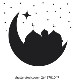 Black silhouette of mosque inside crescent moon with stars around on white background for Ramadan design