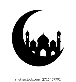 Silueta negra de una mezquita dentro de una Grande luna creciente. Perfecto para Ramadán Kareem, Eid Mubarak, tarjetas de felicitación islámicas y diseños culturales religiosos.