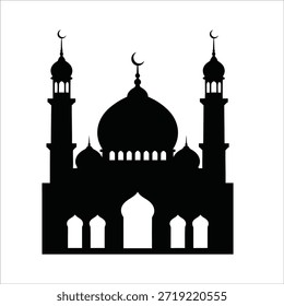 Eine schwarze Silhouette einer Moschee mit einer großen zentralen Kuppel, zwei Minaretten und einem Halbmond auf der Oberseite