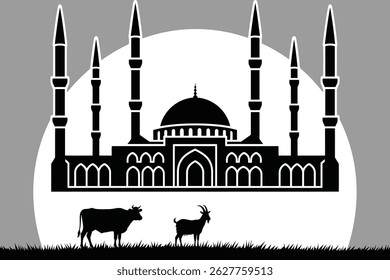 Black Silhouette of Mosque with Minarets, Cow, and Goat Against Full Moon