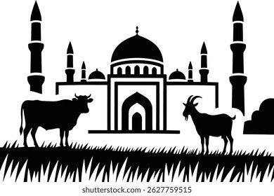 Black Silhouette of Mosque with Minarets, Cow, and Goat Against Full Moon