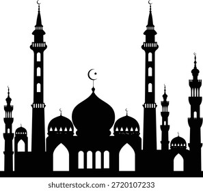 Eine schwarze Silhouette einer Moschee mit mehreren Kuppeln und hohen Minaretten, mit Halbmond- und Sternsymbolen auf weißem Hintergrund, die islamische Architektur und religiöse Anbetung darstellen.