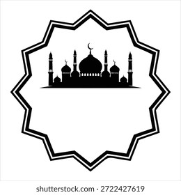 Una silueta negra de una mezquita con múltiples cúpulas y minaretes se centra dentro de un marco blanco en forma de estallido estelar. El marco tiene un contorno negro grueso y un diseño geométrico en capas. El fondo es blanco. La Imagen es una representación gráfica limpia y adecuada para su uso con espacio de copia.