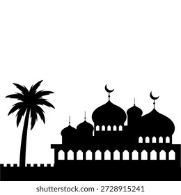 Una silueta negra de una mezquita con múltiples cúpulas y lunas crecientes, de pie junto a una palmera sobre un fondo blanco, que simboliza la cultura y la arquitectura islámicas.