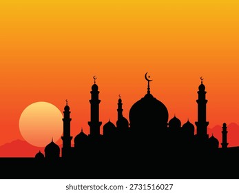 A black silhouette of a mosque with multiple domes and tall minarets stands against a vibrant orange gradient sky. A large, pale yellow sun is visible on the left, partially obscured by red-toned hills. The sky transitions from a bright yellow near the horizon to a deeper orange at the top.