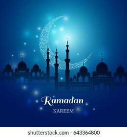 Black silhouette of a mosque on a dark blue background with light, shine and glow moon. Ramadan Kareem vector illustration