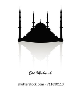 Black silhouette of a mosque with a reflection effect and greeting black text Eid Mubarak, greeting card, muslim religion.