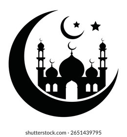 Silhueta preta de uma mesquita colocada contra uma lua crescente e duas estrelas em um fundo branco design gráfico simples