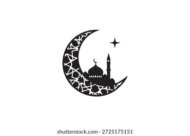 Silueta negra de la mezquita dentro de la luna creciente, patrones intrincados, estrella arriba, composición simple, diseño elegante, aislado en blanco