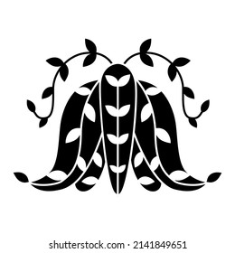 Silueta negra de polilla con elementos florales. Ilustración vectorial.