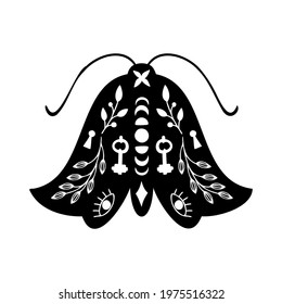 Black silhouette of moth with white floral elements. Vector illustration in linocut style. 