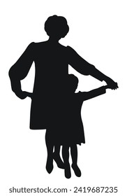 Black silhouette of mother and daughter, grandmother and granddaughter, teacher and student, isolated vector