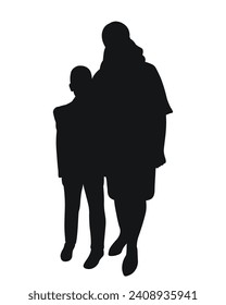 Black silhouette of mother with her son, a grandmother with her grandson, a teacher with a student, hugging, isolated vector