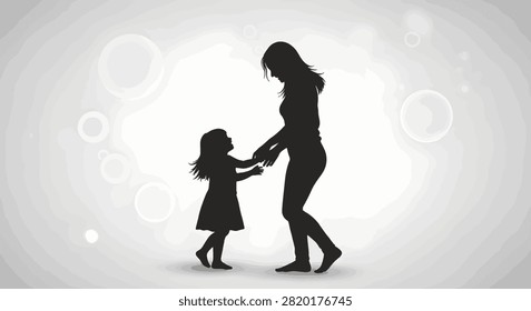 Black silhouette of a mother and her young daughter reaching out to hold hands against a bright white and light grey background with soft glowing bokeh circles and bubbles.