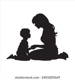 A black silhouette Mother and son 