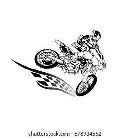 black silhouette motocross rider jump with flag design vector illustration