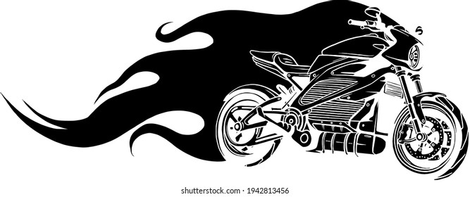 black silhouette of Motorcycle Racing on fire Vector illustration design