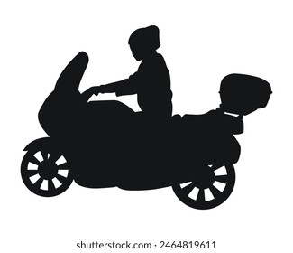 Black silhouette of a motorcyclist on a motorcycle on a trip, sport, profession, hobby