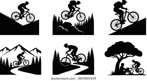 Black silhouette of mountain biking cyclists on varied terrain with pine trees and cacti