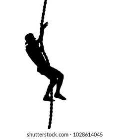 Black silhouette Mountain climber climbing a tightrope up on hands.