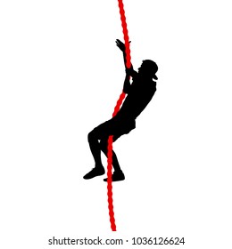 Black silhouette Mountain climber climbing a tightrope up on hands.