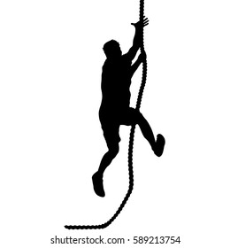 Black silhouette Mountain climber climbing a tightrope up on hands