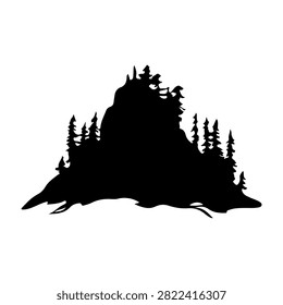 Black silhouette of a mountain with dense forest and tall trees, set against a white background, emphasizing natural landscape and wilderness.