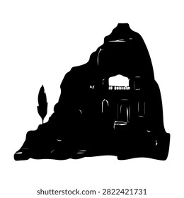 Black silhouette of a mountain featuring an ancient fortress or castle structure on top, set against a plain background, emphasizing historic architecture.