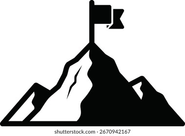 Silhueta preta de uma montanha com uma bandeira plantada em seu pico, simbolizando o sucesso, a conquista e a realização de objetivos.