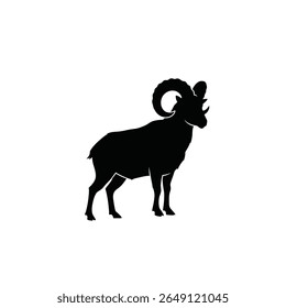 A black silhouette of a mountain goat is shown against a white background The goat is depicted in profile view with large horns. The style is simple and graphic.