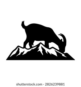 A black silhouette of a mountain goat standing on a rugged rocky peak, symbolizing wilderness and mountain wildlife.