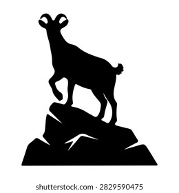 A black silhouette of a mountain goat statue standing on a rocky peak, emphasizing strength and resilience in a minimalist style.